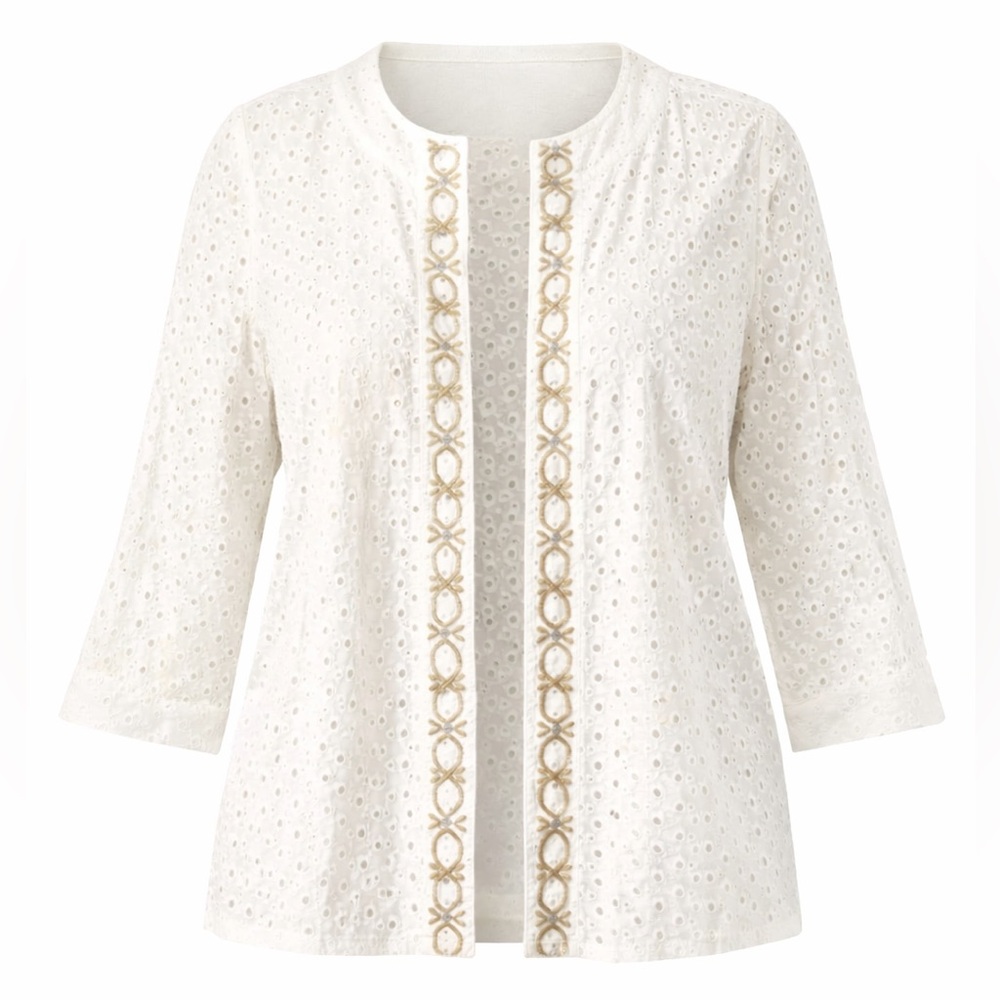 Coral Bay White Eyelet Beaded Open Front Jacket Womens 1X Plus Size Boho Resort